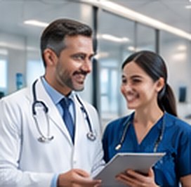 Physician and nurse reviewing a tablet together