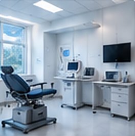 Modern exam room with patient chair and medical equipment